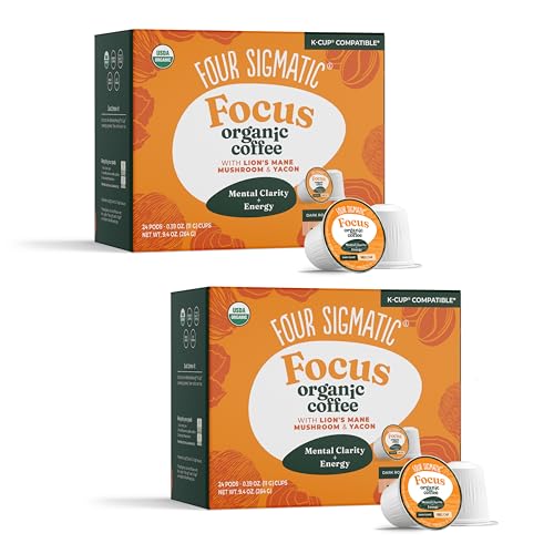 Focus Original Mushroom Coffee K-Cups - 48 Count Organic Dark Roast with Lion’s Mane & Yacon - Focus & Immune Support - Vegan & Keto Pods