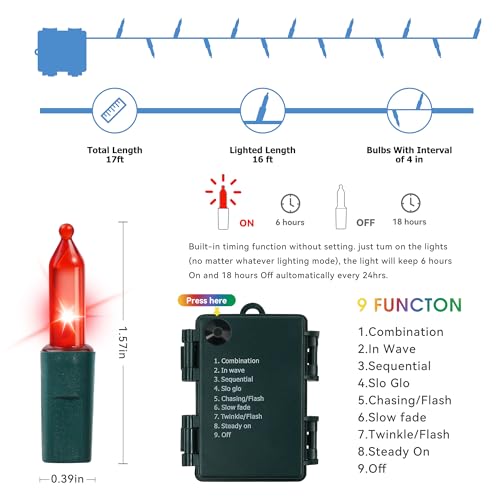 2 Pack Christmas String Lights with Built-in Timer - Total 100 LED 36ft Fairy Battery String Lights - Mini Lighting for Indoor Decor Wreath Lawn Bedroom Christmas Decorations - Red White Green