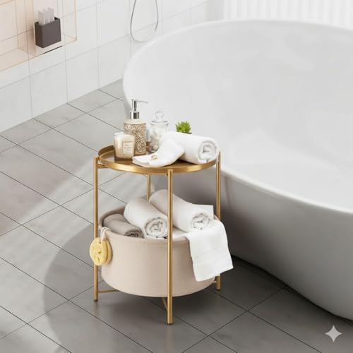Gold Side Table with Removable Fabric Storage Basket - Pack of 2 - Modern Accent End Tables
