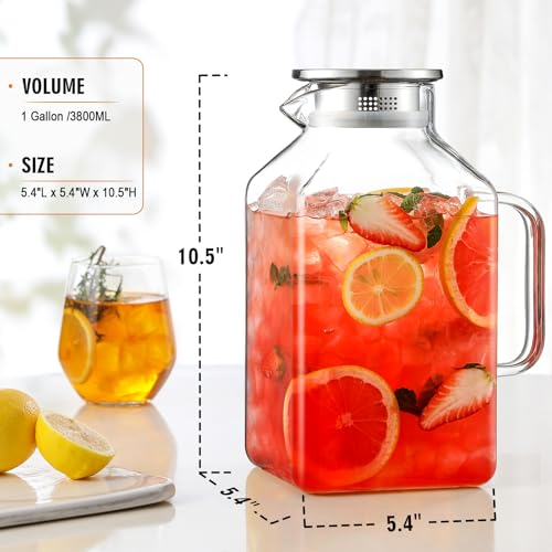 Clear 2 Pack Square Glass Pitcher with Lid and Spout - 1 Gallon Borosilicate Carafe for Hot Cold Drinks