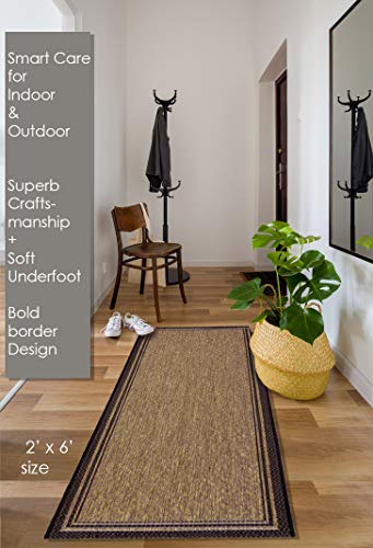 Gertmenian Indoor Outdoor Flatweave Area Rug 2x6 ft Black Tan Stain & UV Resistant