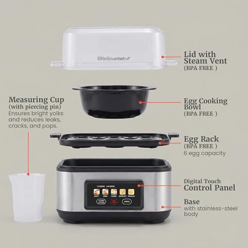 Elite Gourmet 6 Egg Digital Egg Cooker - Stainless Steel, 6-Egg Capacity, One-Touch Display