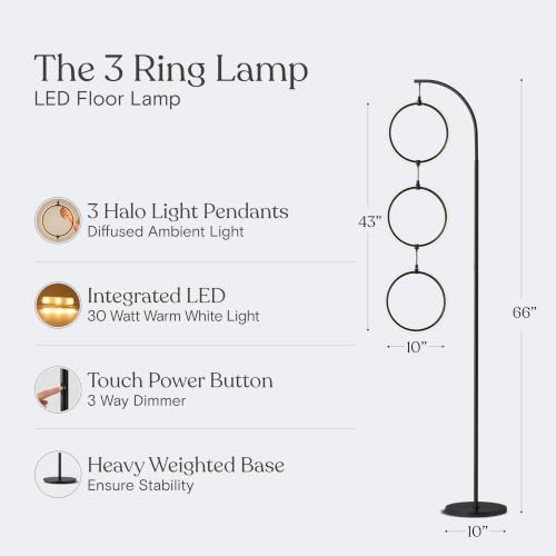 Black 3-Ring Modern Floor Lamp - Tall Arc Standing Light for Living Room Decor