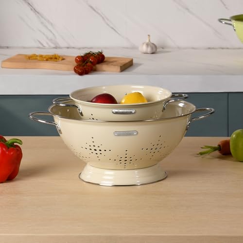 BeFare Almond Cream Metal Colander Set with Handles - 2Qt & 6Qt Heavy Duty Kitchen Strainers