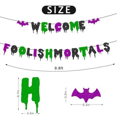 Welcome Foolish Mortals Banner NO DIY Pre-Strung Halloween Party Decoration Glitter Haunted Mansion Banner Halloween Party Banner with Bat for Home Wall Mantle Decor Party Haunted House Man Cave Birthday Christmas Gifts (Black Green Purple)