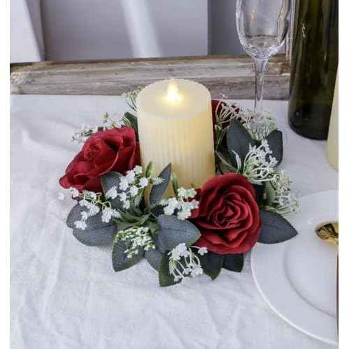 2 Pack Christmas Candle Rings Wreaths,Artificial Rose Floral Wreaths with Eucalyptus Leaves Greenery Small Wreath for Pillar Cabinet Wedding Centerpiece Party Home Table Decor (Red)