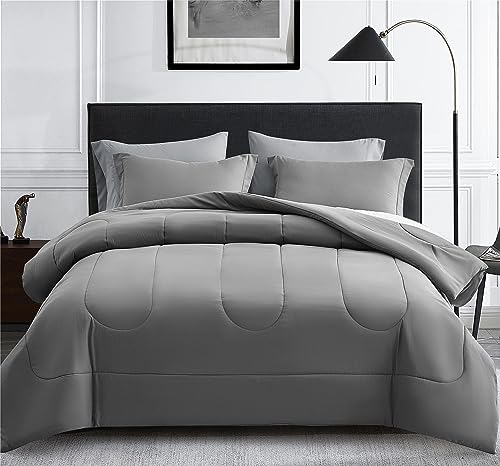 Grey Full Size Comforter Set 7 Pieces Bed in a Bag - All Season Bedding