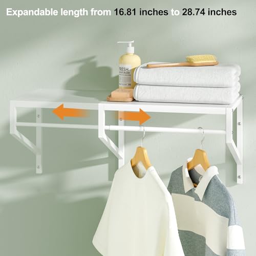 White Expandable Laundry Room Shelves with Hanging Rod - Wall Mounted Utility Storage