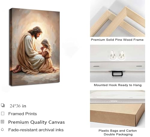EFGETTPD Jesus Praying with Girl Canvas Wall Art 36x24 in Religious Decor