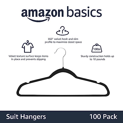 Black Velvet Suit Hangers - Slim Space-Saving Closet Organizer, Pack of 100