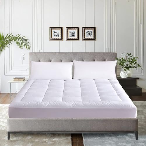 White Waterproof Queen Mattress Topper with Cotton Top & Quilted Fitted Cover - Non-Slip, Breathable, Noise-Free