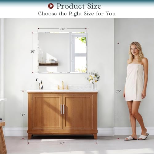 36x30 Inch Frameless Beveled Bathroom Mirror - Wall Mount, Tempered Glass