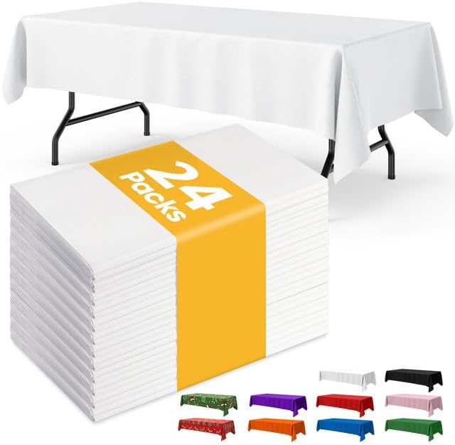 Niuara White Plastic Tablecloths - 24 Pack 54" x 108" Waterproof Disposable Covers for Parties & Events