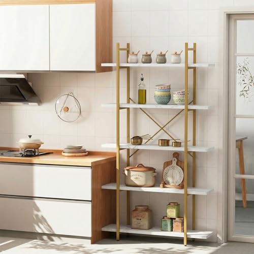 White Faux Marble 5-Tier Ladder Bookcase - Modern Open Shelving Unit for Home & Office