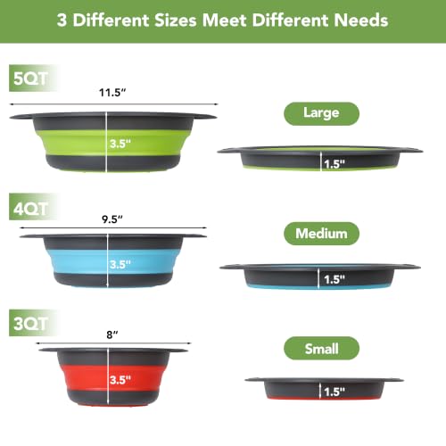 Multicolor Collapsible Kitchen Colander Set with Self-Draining Base – 3QT, 4QT, 5QT
