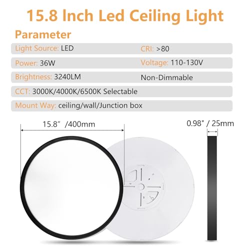 OFFIY Black 15.8 Inch LED Ceiling Light Flush Mount 34W 3060LM Dimmable