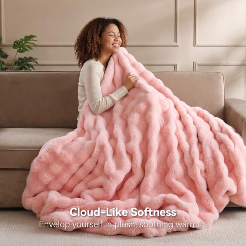 Pink Faux Rabbit Fur Throw Blanket 50x60in - Bubble Textured Couch Blanket for Home Decor