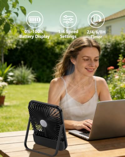 BIVBTP 8000mAh Portable Travel Fan - Classic Black, 7-inch Ultra-Thin Desk Fan with 28H Battery & Quiet Operation
