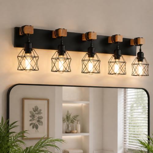 Vivihobb Farmhouse Bathroom Light Fixtures 5-Light Black Wood Vanity Over Mirror