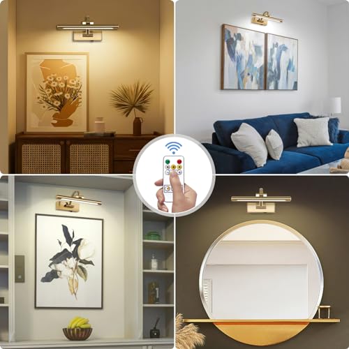 Brass Finish Rechargeable Picture Light with Remote Control, 12 Inch Adjustable Art Lighting
