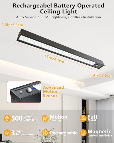 Black Rechargeable Motion Sensor Ceiling Light 16'' Dimmable LED Closet Lamp with Remote