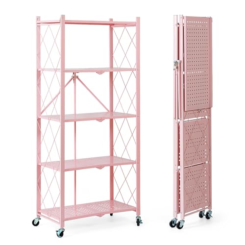 Pink 5-Tier Foldable Metal Storage Shelves on Wheels - Heavy Duty Organizer