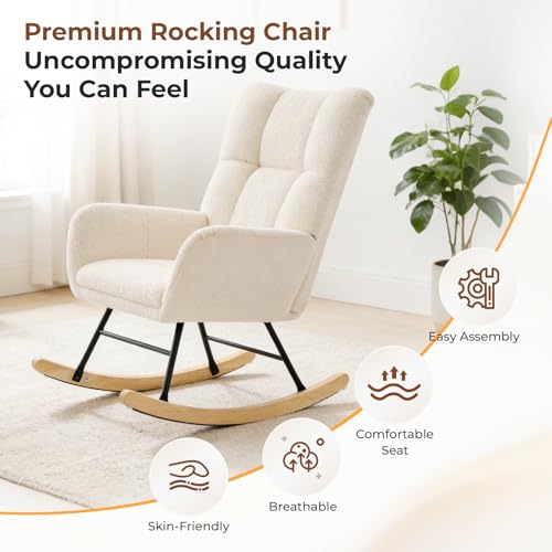 DUMOS Beige Nursery Rocking Chair with High Backrest & Padded Seat - Small Space Glider for Living Room & Bedroom, 1 Pack