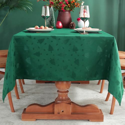 Honellaty Christmas Green Tablecloth 120x60 Inch Rectangular Jacquard Fabric Tree Pattern Holiday Decor