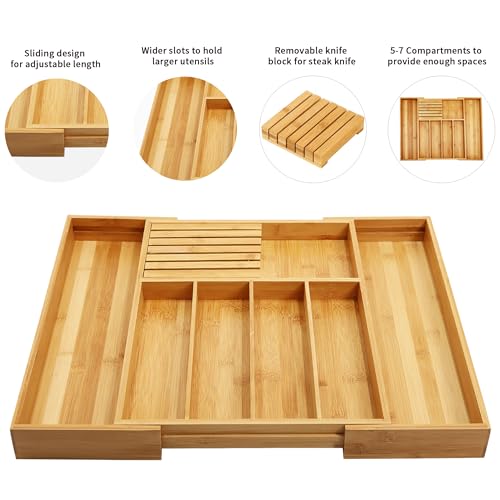 VaeFae Natural Bamboo Silverware Drawer Organizer, 7 Slots, Adjustable