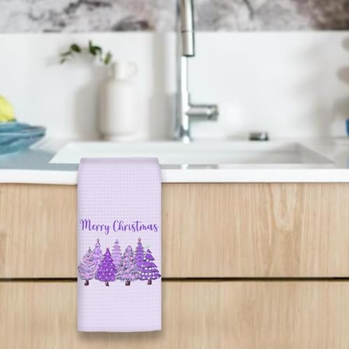 OINDADE Purple Christmas Tree Kitchen Towels - Winter Xmas Holiday Dish and Hand Towels, 16x24in, Decorative Xmas Bathroom & Kitchen Decor