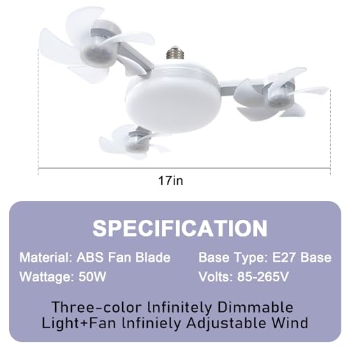 E26/E27 Socket Ceiling Fan with Remote, Dimmable LED Light and 3 Mini Fans