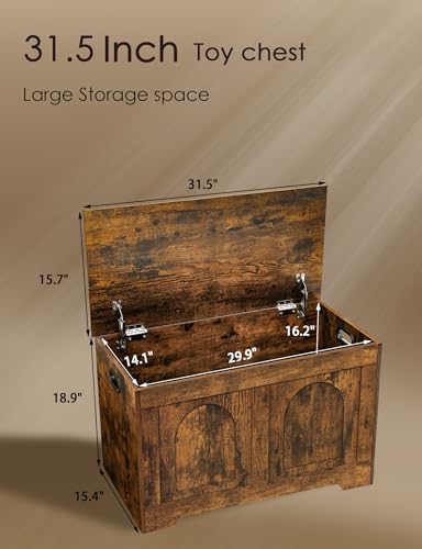 Wooden Toy Storage Chest - Rustic Brown 31.5 Inch with Safety Hinges