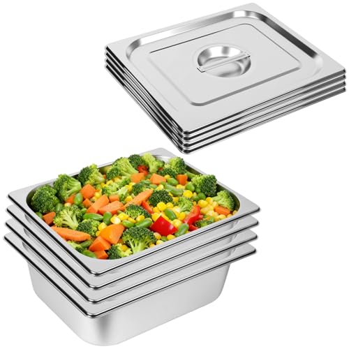 1/2 Size Stainless Steel Hotel Pans with Lids - 4 Pack, 4 Inch Deep, Commercial Food Storage & Catering