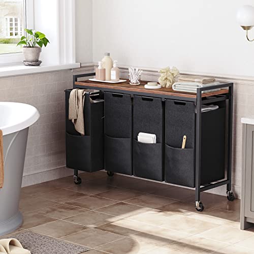 Rustic Brown & Black 4-Section Laundry Sorter with Wheels - 42 Gal