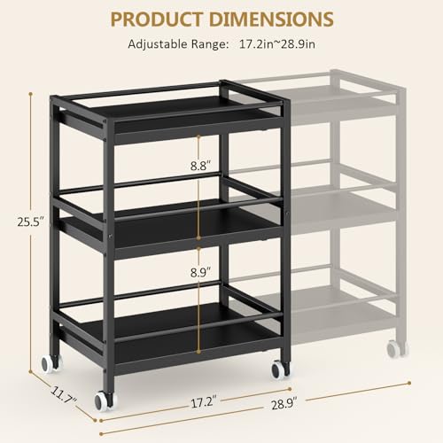 Black 3-Tier Expandable Rolling Pantry Organizer with Hooks — Kitchen Storage Cart