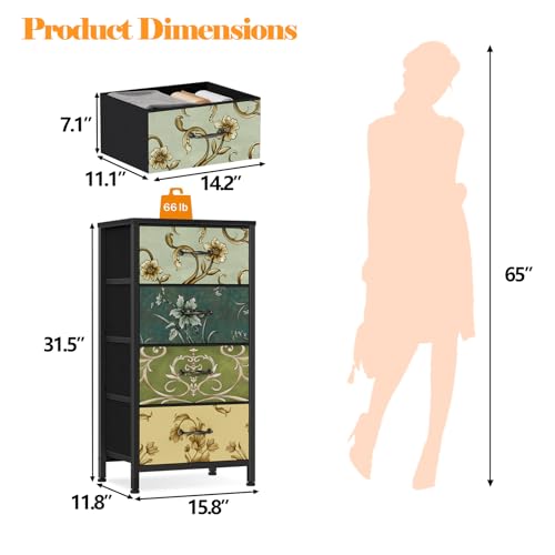 Furnulem 4 Drawer Dresser - Vintage Fabric Nightstand with Wooden Top - 11.8 x 15.8 x 31.5 Inches