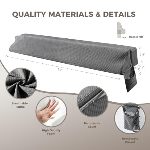 Couzssyhi King Size Bed Wedge Gap Filler Pillow Gray 76x10x6 Adjustable