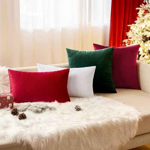EMEMA Pack of 2 Velvet Christmas Throw Pillow Covers Decorative Rectangle Pillowcase Soft Solid Cushion Case for Sofa Bedroom Chair Car 12x20 Inch Dark Green