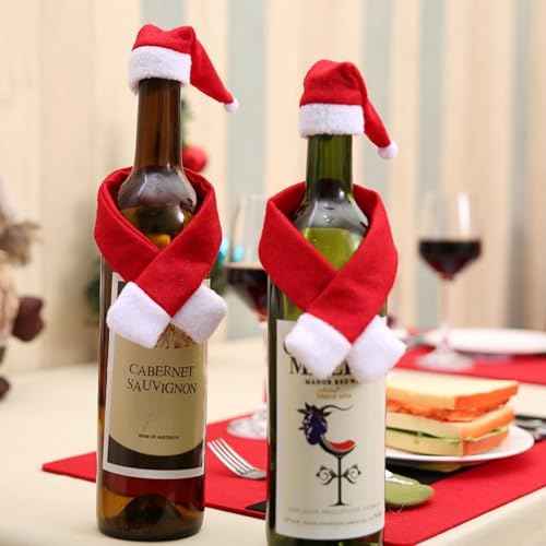 12PCS Mini Santa Hat Scarf Set - Small Christmas Wine Bottle Cover & Hat Scarf for Xmas Bottle Cover Home Decor
