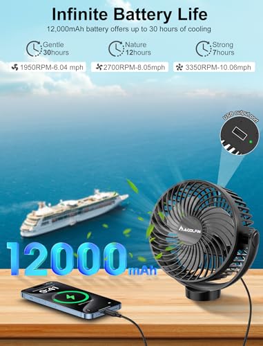 Magnetic Cruise Ship Approved Portable Fan with 12000mAh Battery - Black