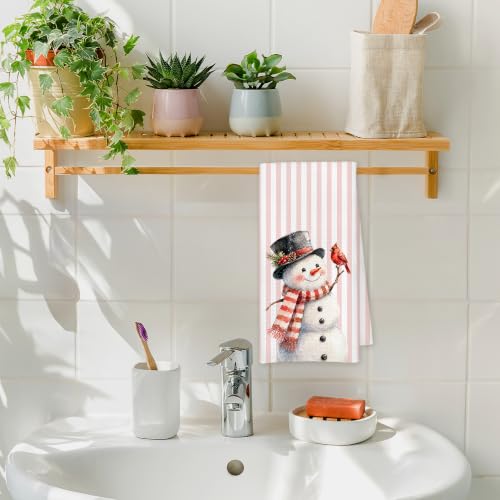 Preppy Christmas Cardinal Snowman Kitchen Hand Towels - Pink, 16x24 in