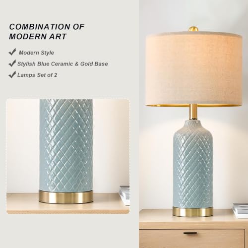 Blue Ceramic Modern Table Lamps Set of 2 for Living Room & Bedroom - 24.25"