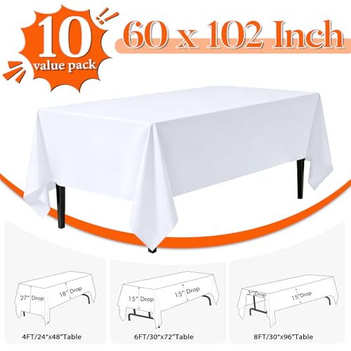 White Rectangle Table Cloth 60 x 102 Inches - Pack of 10 for 6ft Tables - Durable & Washable