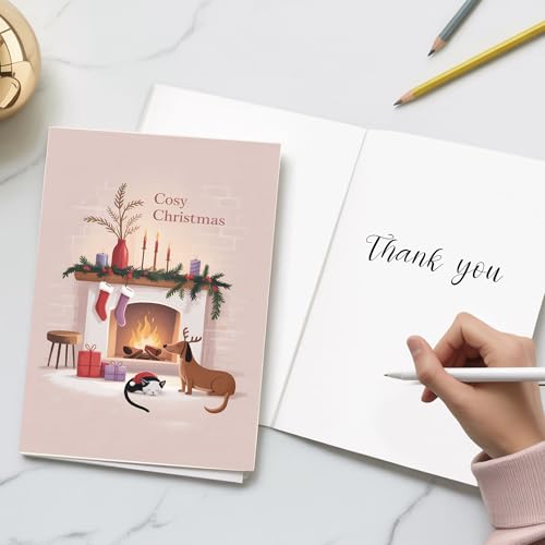 Cozy Christmas Greeting Card with Envelope - Fireplace Scene, Dog & Cat Design, Scandinavian Holiday Style, 5.3x8in
