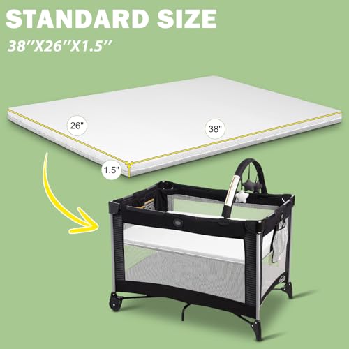Pack and Play Mattress 38x26x1.5 Inches Waterproof & Breathable for Babies & Toddlers - Portable Crib Pad with Detachable Cover