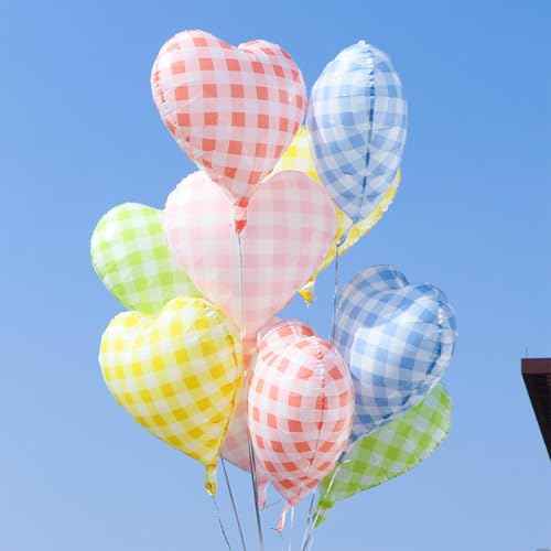 10 Pcs Red Pink Heart Grid Balloons 18 Inch Blue Green Yellow Checkered Foil Heart Balloons Helium Mylar Balloons for Girls Women Valentines Day Birthday Wedding Baby Shower Bridal Party Decorations