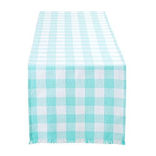 DII Fringed Check Table Runner 14x72 in Aqua – Tabletop Home Decor