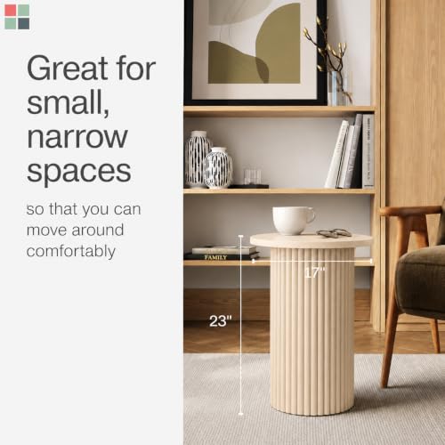 Stead Weathered White Round Fluted Oak Side Table - 17-inch Accent End Table