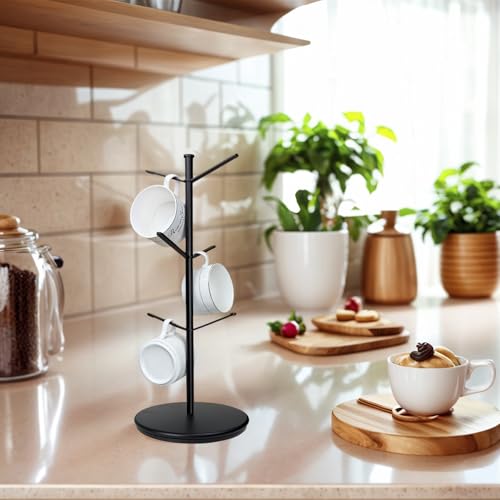 ZOMETUO 360° Rotating Mug Tree with 6 Hooks, Bamboo Base – Black