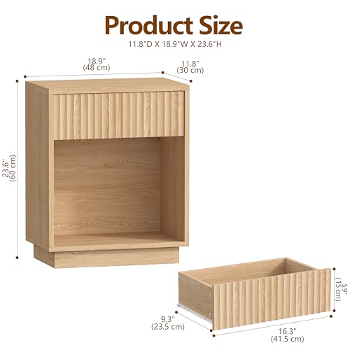 Fluted Nightstands Set of 2 - Mid Century Bedside End Tables - Natural Oak